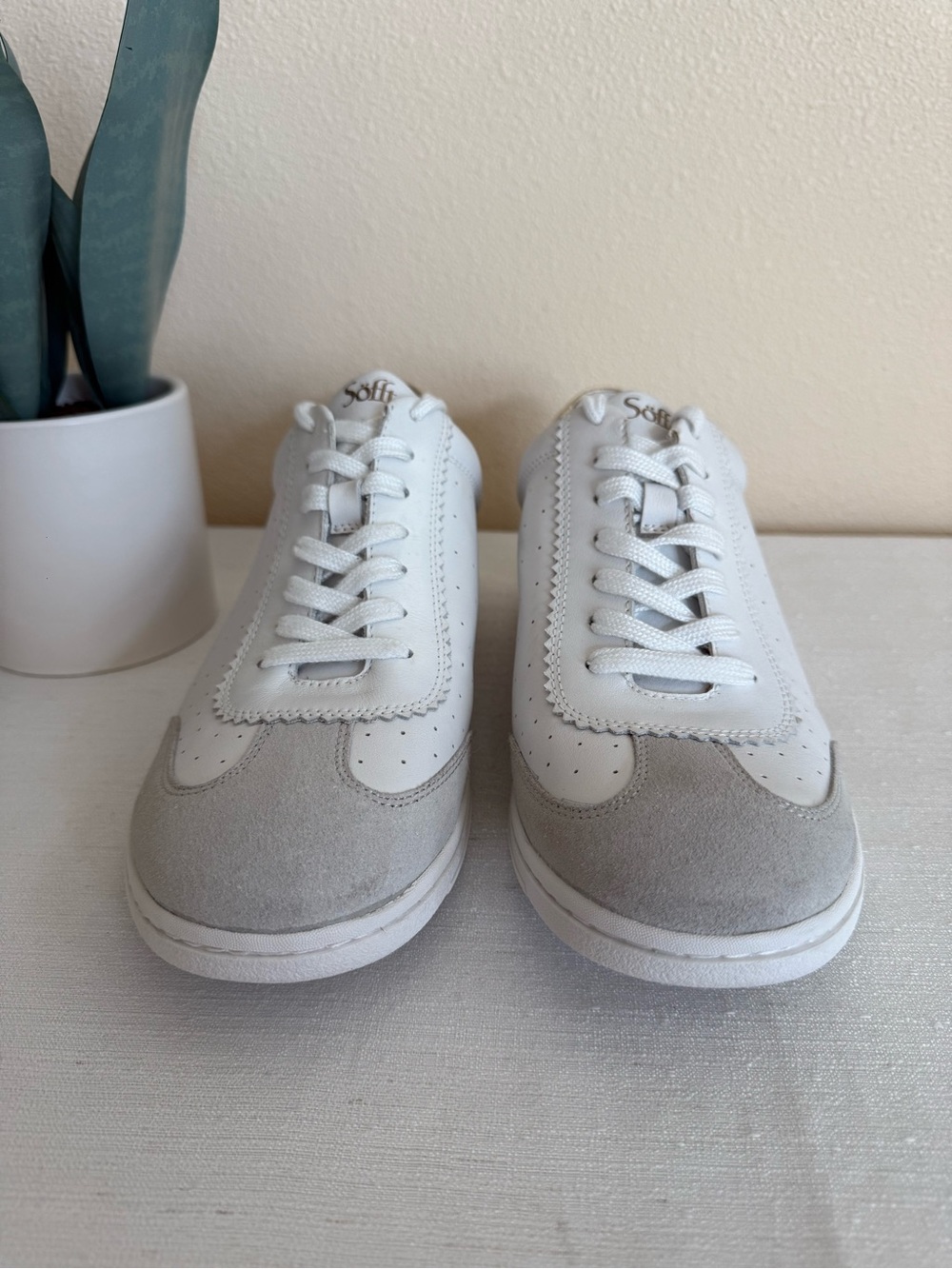 New Sofft White Leather Sneakers with Gray Toe and Gold Heel Accent - Picture 5 of 12